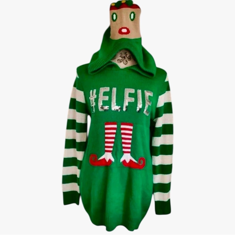 NO BOUNDARIES #ELFIE UGLY CHRISTMAS SWEATER WITH HOOD SZ LG JUNIORS EUC